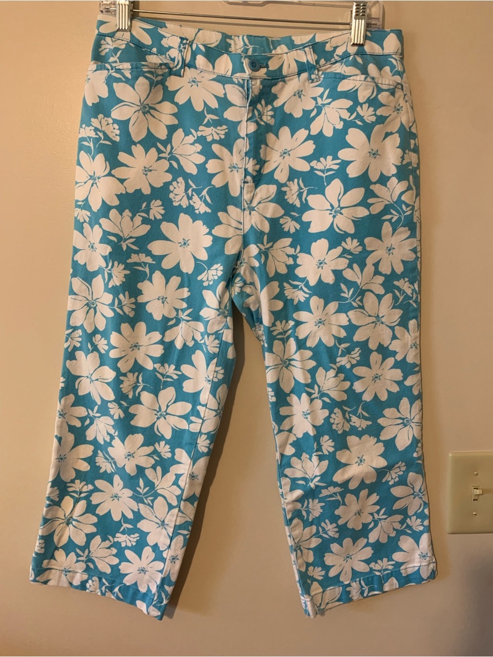 Erika Teal Blue and White Floral Capri Pants